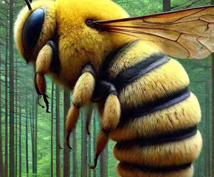 A bizarre creature surrounded by bees in a chaotic and mesmerizing forest moment.