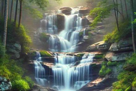 A breathtaking view of a gigantic waterfall cascading down rocks near Hanging Rock Park, with mist rising from the base of the falls.