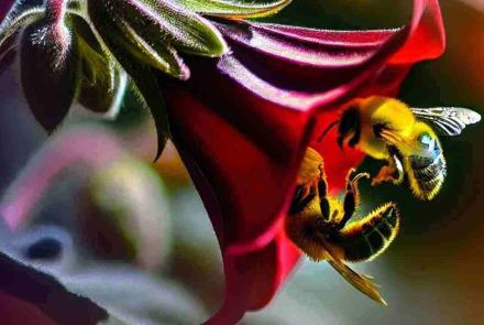 A busy bee pollinating a vibrant flower at a garden center, surrounded by lush green plants.